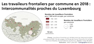 Les travailleurs frontaliers par commune en 2018: Intercommunalit&eacute;s proches du Luxembourg