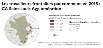 Les travailleurs frontaliers par commune en 2018: CA Saint-Louis Agglom&eacute;ration
