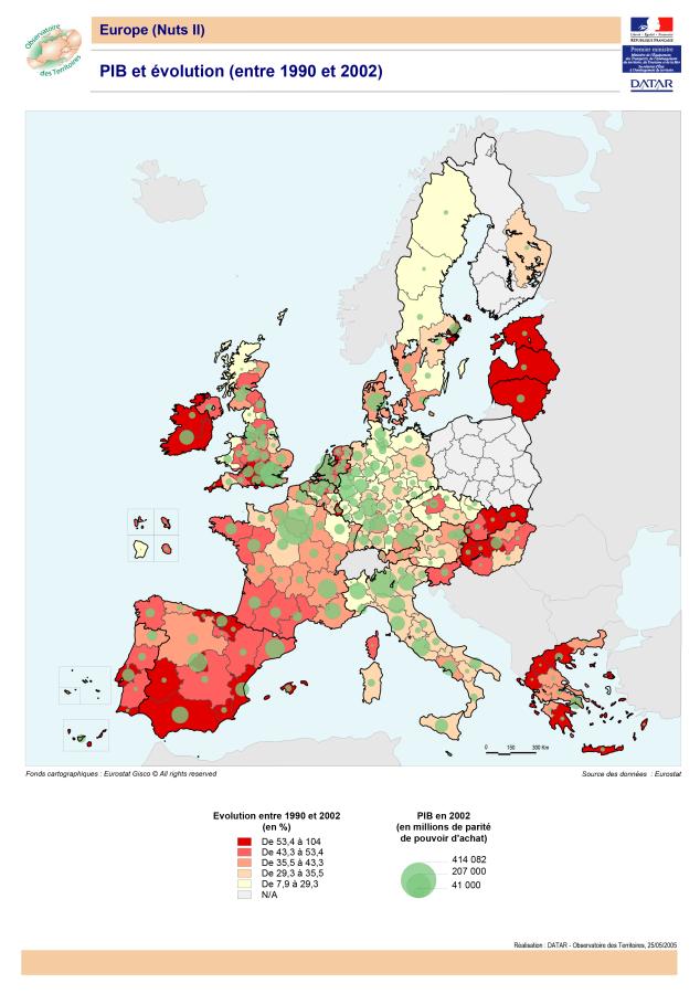 PIB et &eacute;volution entre 1990 et 2002