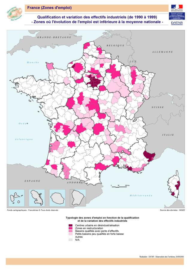 Zones o&ugrave; l'&eacute;volution de l'emploi industriel est inf&eacute;rieure &agrave; la moyenne nationale
