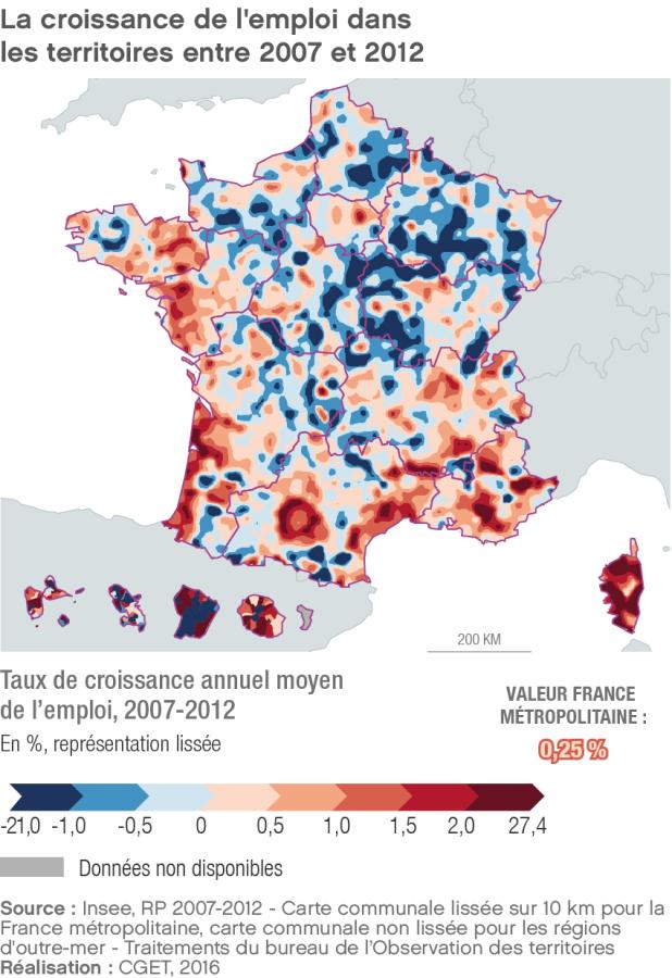 La croissance de l'emploi dans les territoires entre 2007 et 2012
