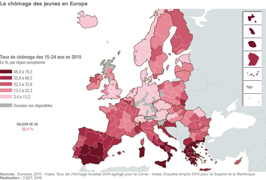 Le ch&ocirc;mage des jeunes en Europe