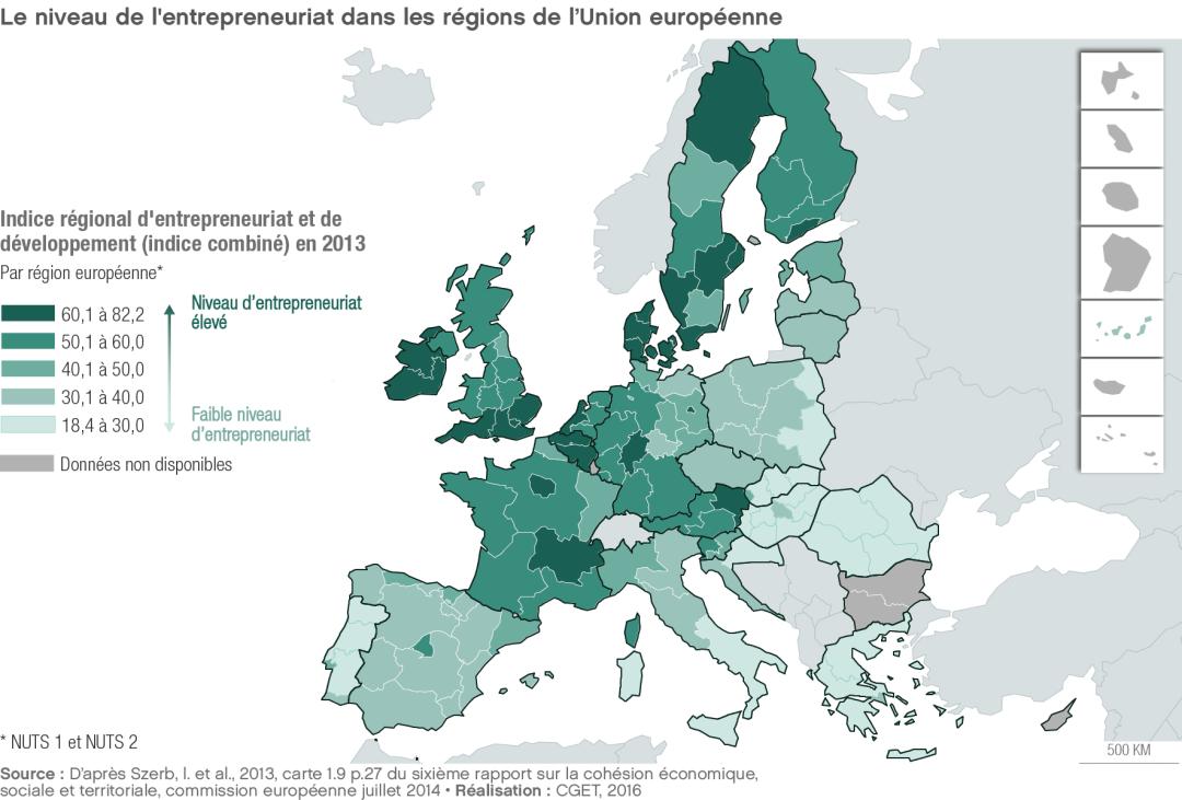 Le niveau de l'entrepreneuriat dans les r&eacute;gions de l'Union europ&eacute;enne