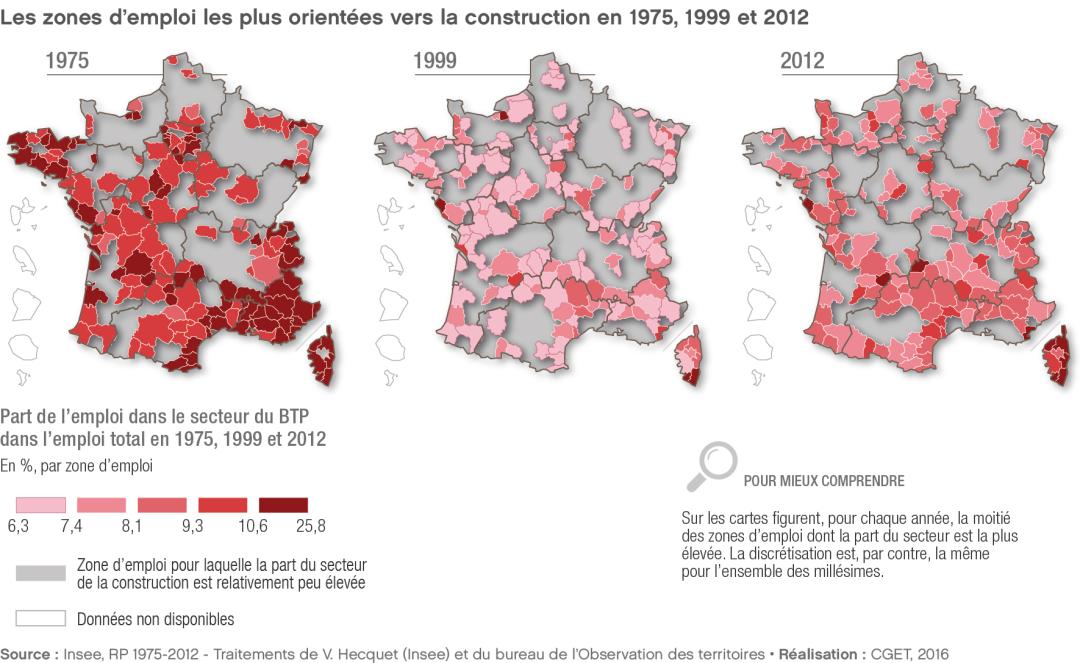 Les zones d'emploi les plus orient&eacute;es vers la construction en 1975, 1999 et 2012