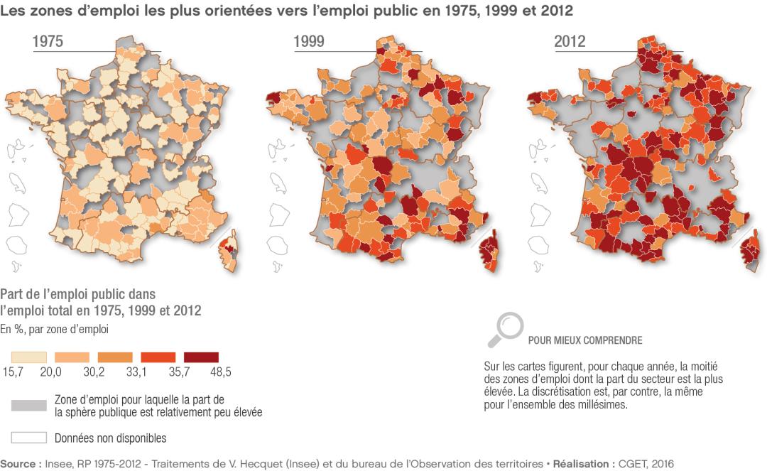Les zones d'emploi les plus orient&eacute;es vers l'emploi public en 1975, 1999 et 2012