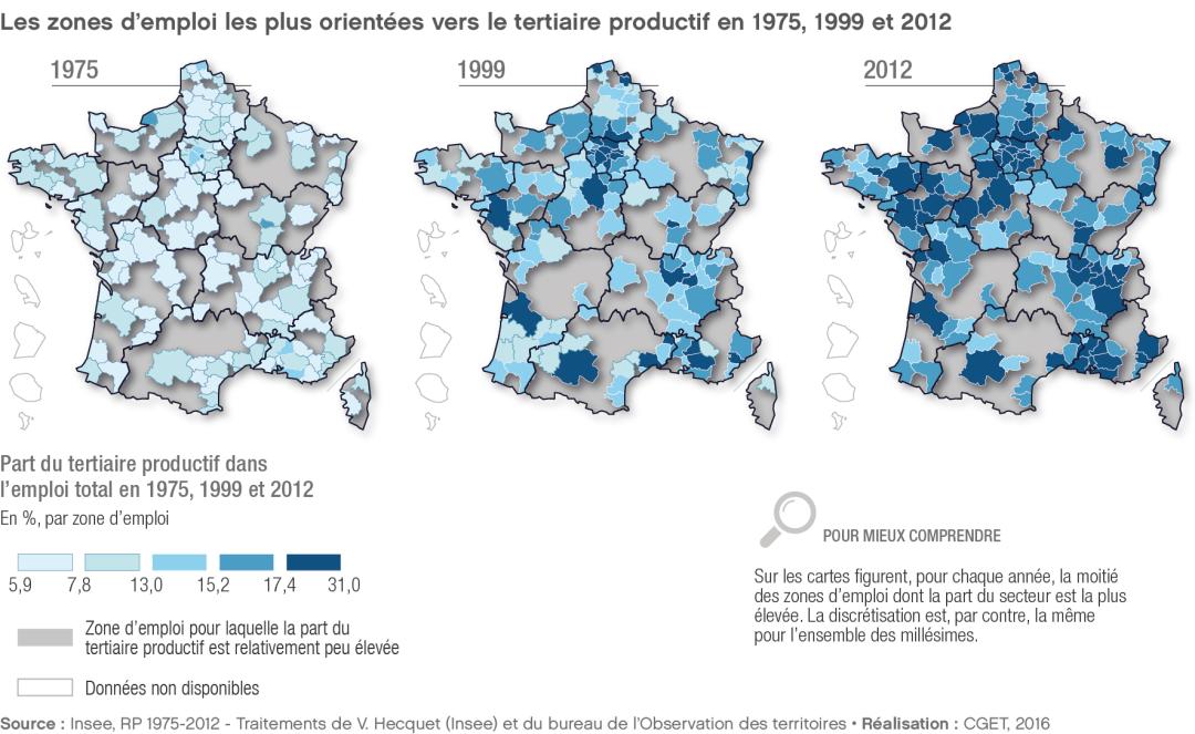 Les zones d'emploi les plus orient&eacute;es vers le tertiaire productif en 1975, 1999 et 2012