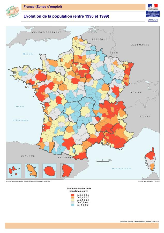 &Eacute;volution de la population entre 1990 et 1999