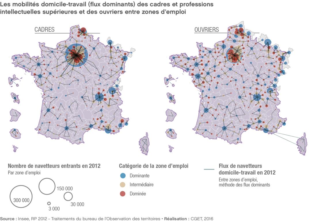 Les mobilit&eacute;s domicile-travail des cadres et professions intellectuelles sup&eacute;rieures et des ouvriers entre zones d'emploi