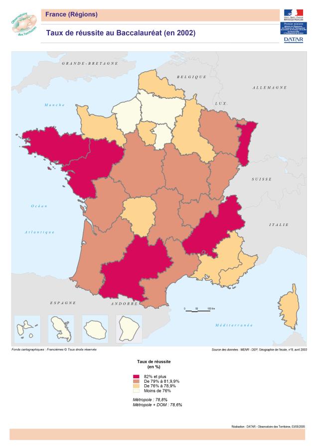 Taux de r&eacute;ussite au Baccalaur&eacute;at en 2002