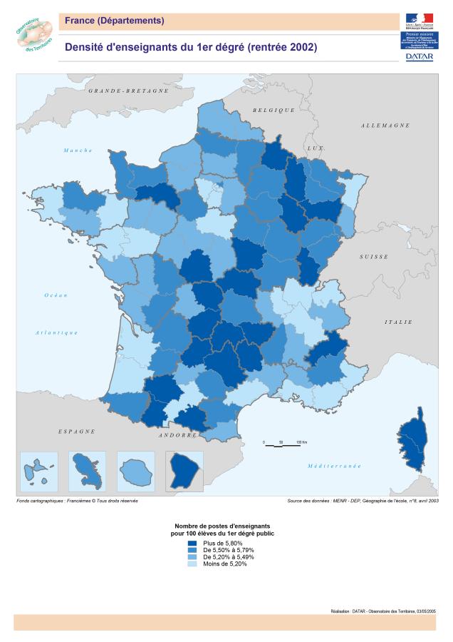 Densit&eacute; d'enseignants du 1er degr&eacute;, rentr&eacute;e 2002