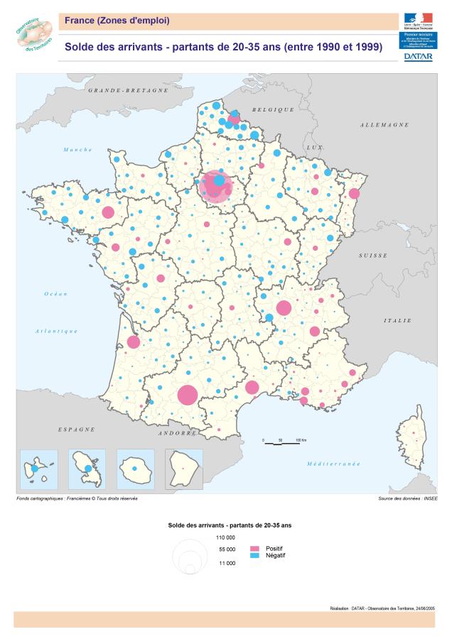 Solde des arrivants - partants de 20-35 ans entre 1990 et 1999