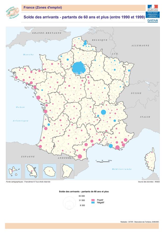 Solde des arrivants - partants de 60 ans et plus entre 1990 et 1999