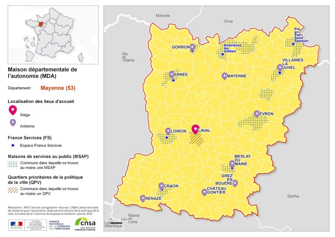 Atlas des maisons d&eacute;partementales des personnes handicap&eacute;es et des maisons d&eacute;partementales de l'autonomie : Mayenne