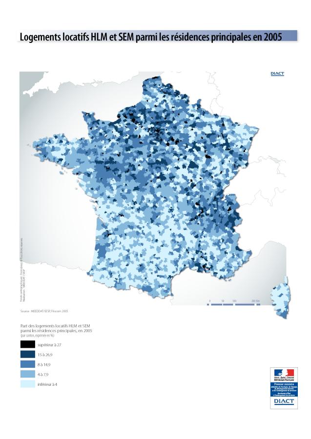 Logements locatifs HLM et SEM parmi les r&eacute;sidences principales en 2005