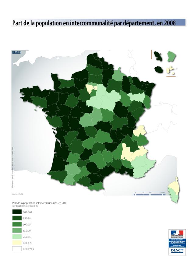 Part de la population en intercommunalit&eacute; par d&eacute;partement en 2008