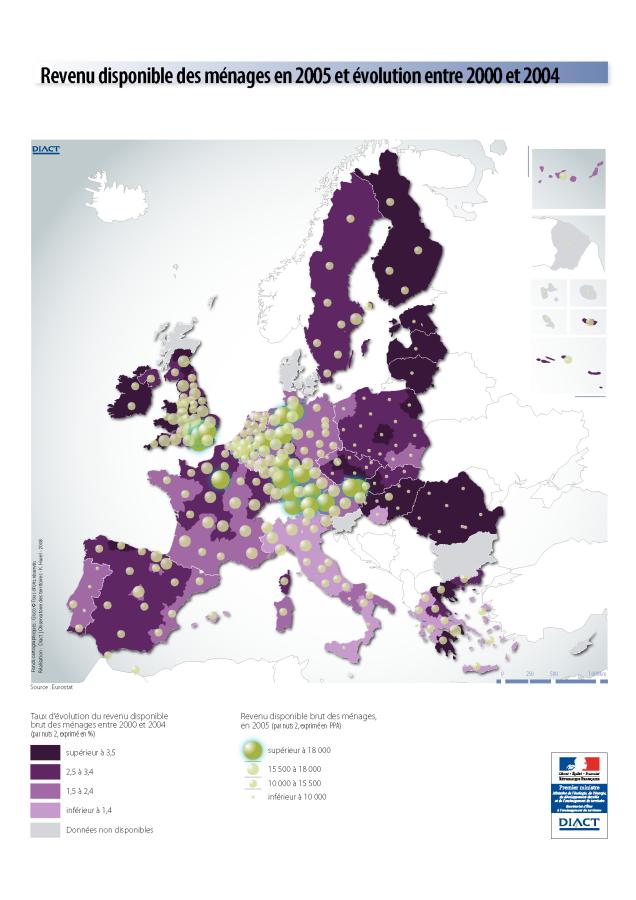 Revenu disponible des m&eacute;nages en 2005 et &eacute;volution entre 2000 et 2004