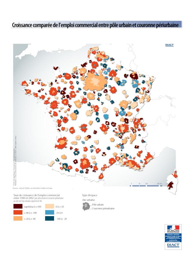 Croissance compar&eacute;e de l'emploi commercial entre p&ocirc;le urbain et couronne p&eacute;riurbaine