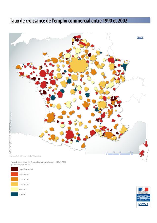 Taux de croissance de l'emploi commercial entre 1990 et 2002
