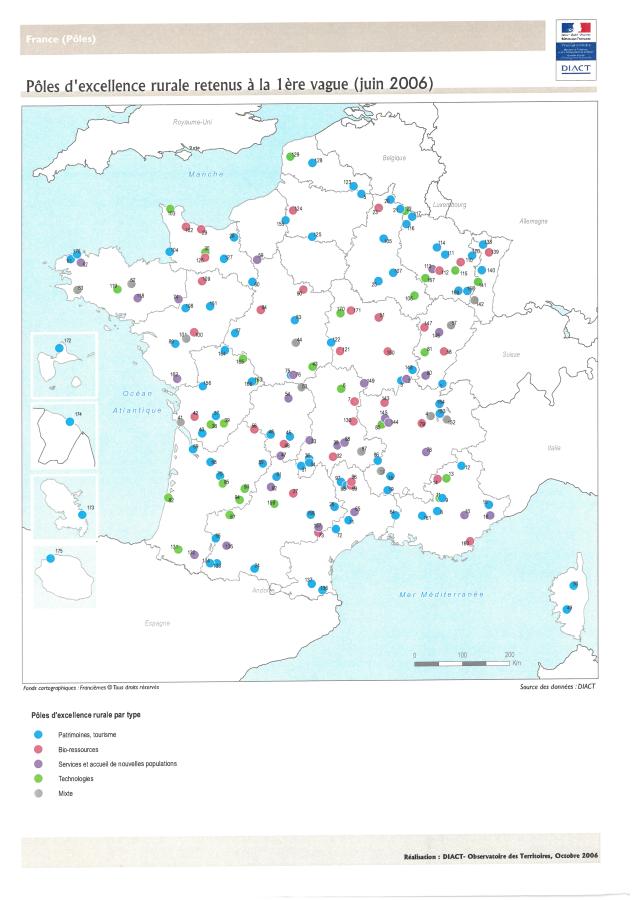 P&ocirc;les d'excellence rurale retenus &agrave; la 1&egrave;re vague (juin 2006)