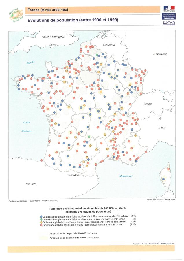 Evolutions de population entre 1990 et 1999