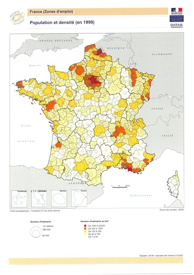Population et densit&eacute; dans les zones d'emploi en 1999