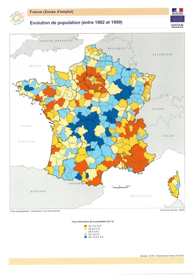 Evolution de la population dans les zones d'emploi (entre 1982 et 1999)