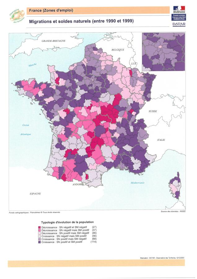 Migrations et soldes naturels dans les zones d'emploi (entre 1990 et 1999)