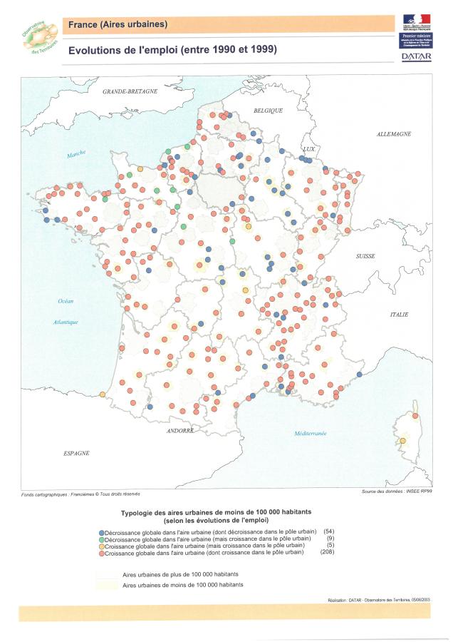 Evolutions de l'emploi entre 1990 et 1999 par aire urbaine