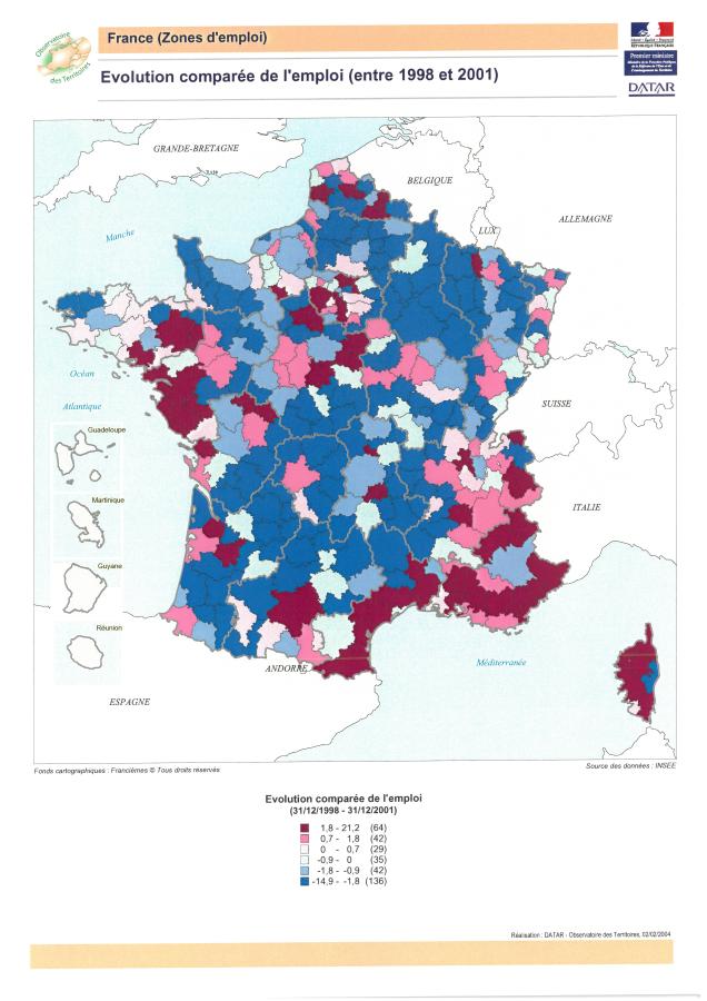 Evolution compar&eacute;e de l'emploi entre 1998 et 2001