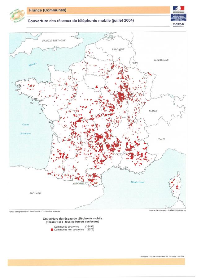 Couverture des r&eacute;seaux de t&eacute;l&eacute;phonie mobile en 2004