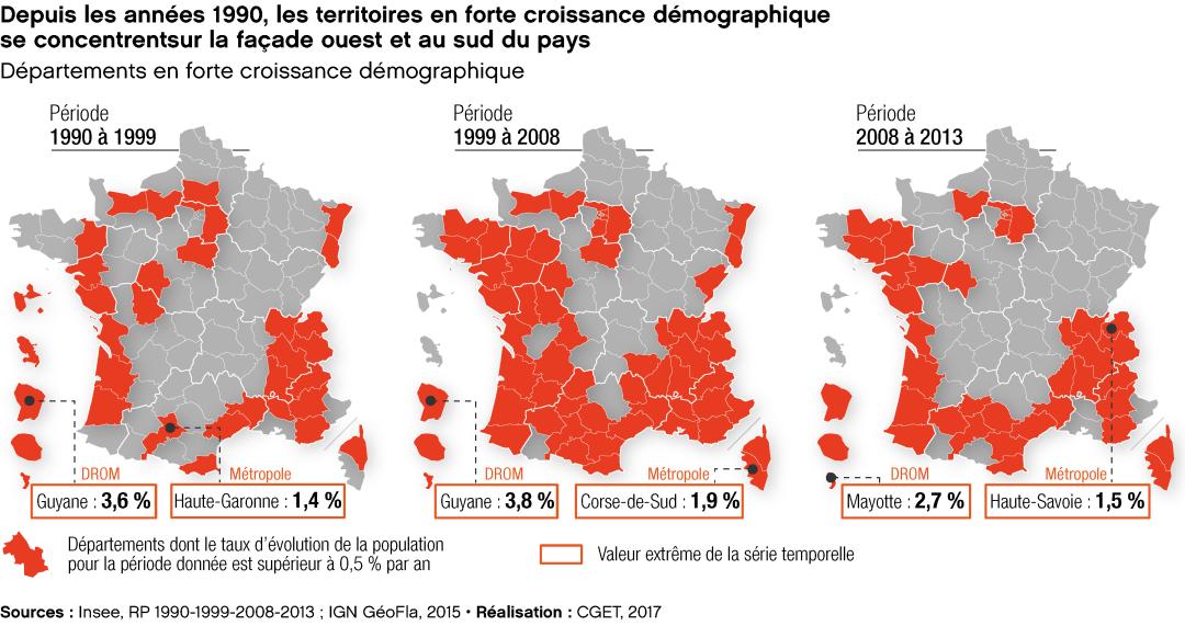 Depuis les ann&eacute;es 1990, les territoires en forte croissance d&eacute;mographique se concentrent sur la fa&ccedil;ade ouest et au sud du pays