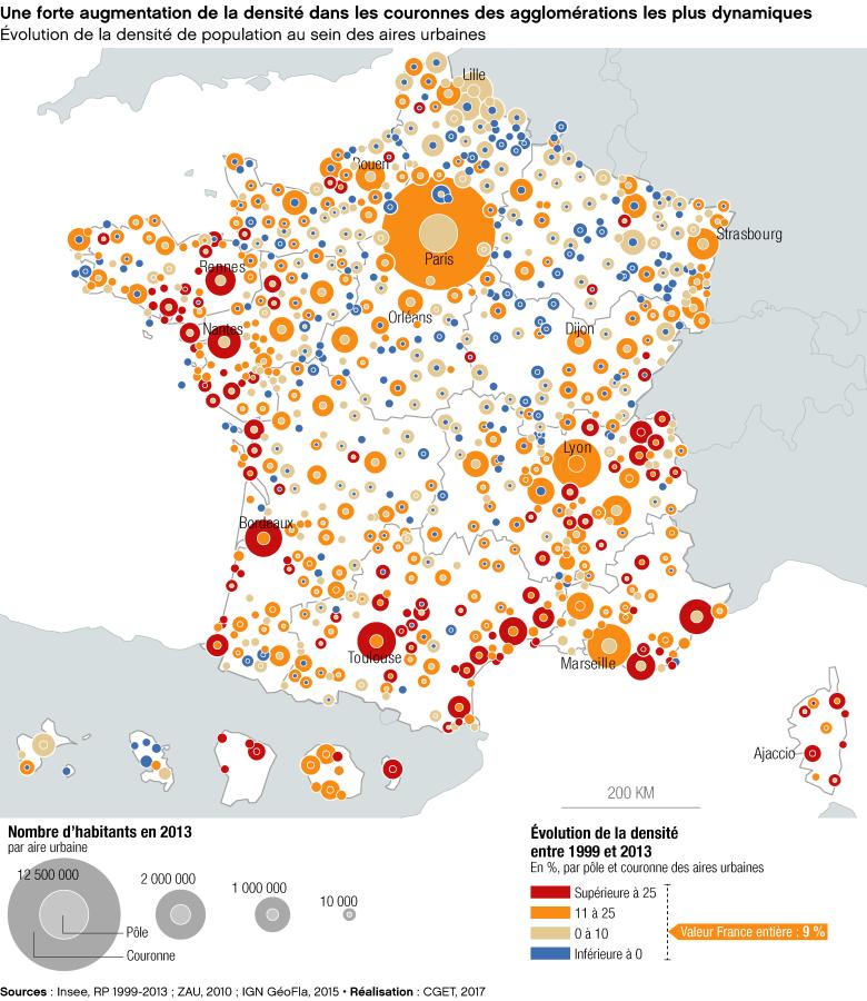 Une forte augmentation de la densit&eacute; dans les couronnes des agglom&eacute;rations les plus dynamiques