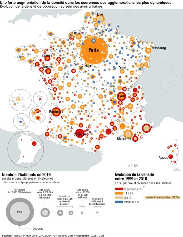 &Eacute;volution de la densit&eacute; de population au sein des aires urbaines
