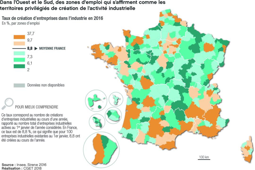 Dans l'Ouest et le Sud, des zones d'emploi qui s'affirment comme les territoires privil&eacute;gi&eacute;s de cr&eacute;ation de l'activit&eacute; industrielle