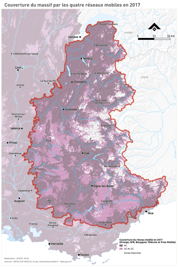 Couverture du massif par les quatre r&eacute;seaux mobiles en 2017