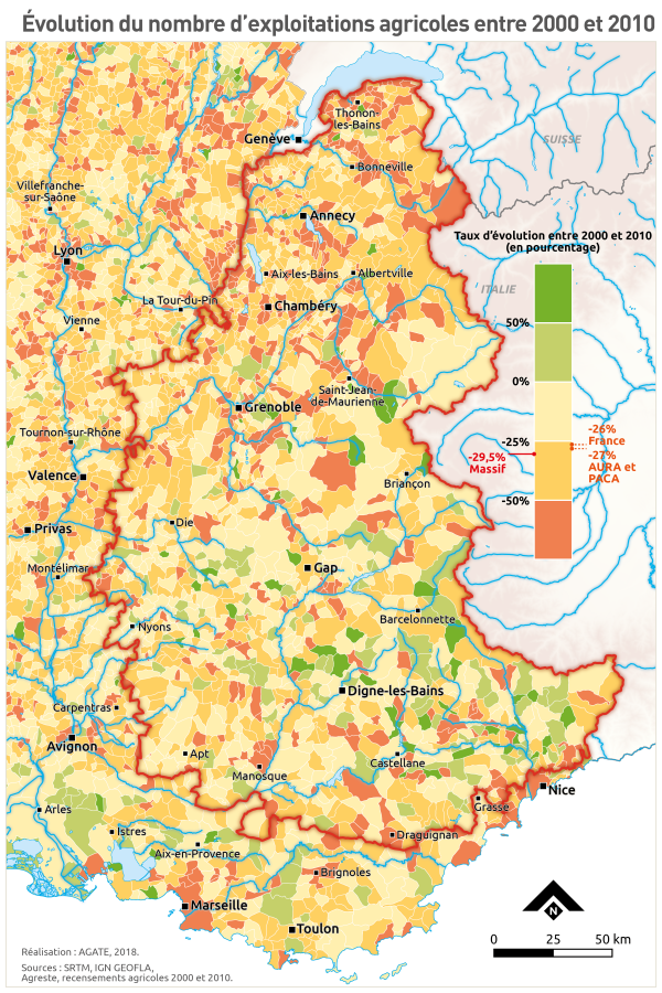 &Eacute;volution du nombre d'exploitations agricoles entre 2000 et 2010