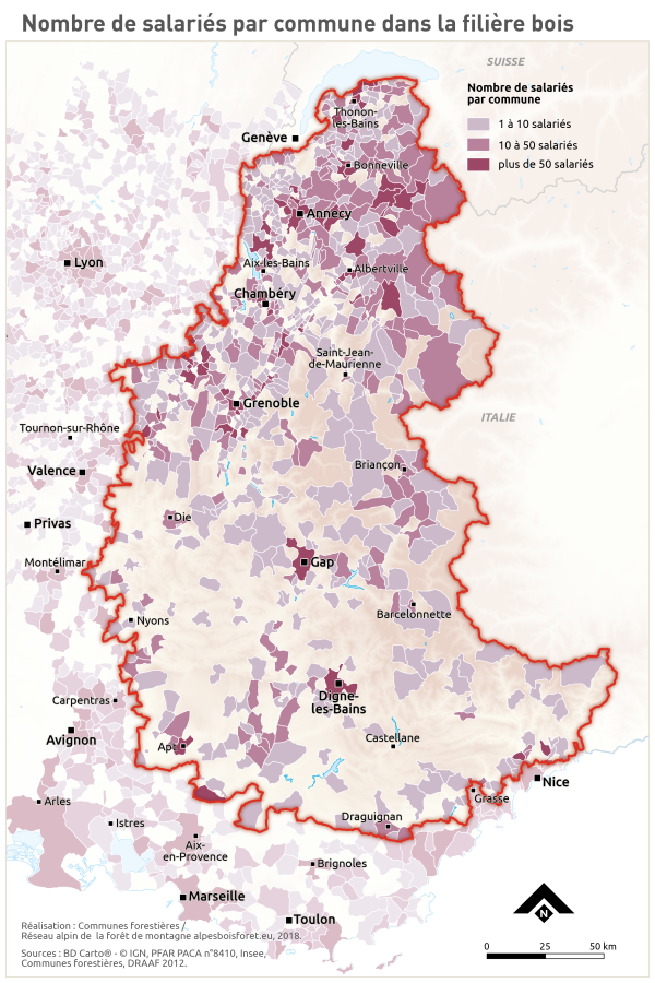 Nombre de salari&eacute;s par commune dans la fili&egrave;re bois