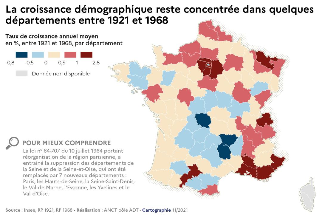 La croissance d&eacute;mographique reste concentr&eacute;e dans quelques d&eacute;partements entre 1921 et 1968