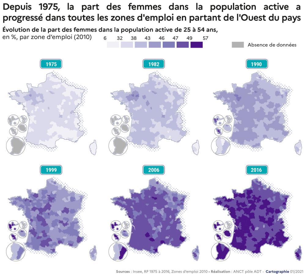 Depuis 1975, la part des femmes dans la population active a progress&eacute; dans toutes les zones d'emploi en partant de l'Ouest du pays