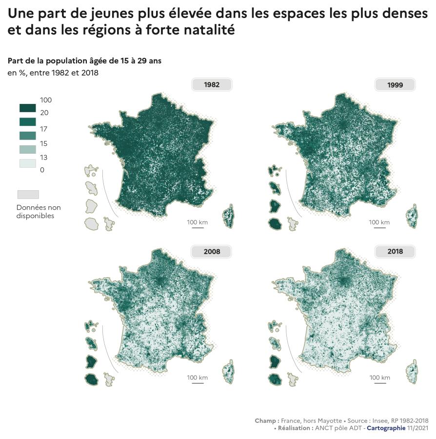 Une part des jeunes plus &eacute;lev&eacute;e dans les espaces les plus denses et dans les r&eacute;gions &agrave; forte natalit&eacute;