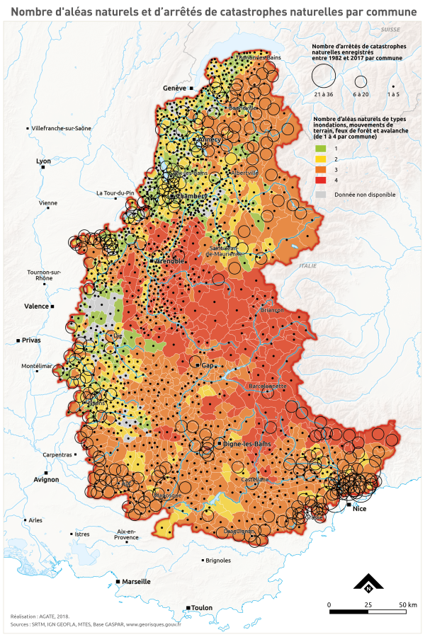 Nombre d'al&eacute;as naturels et d'arr&ecirc;t&eacute;s de catastrophes naturelles par commune