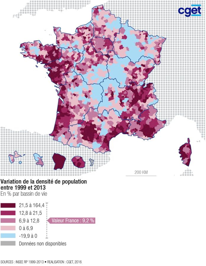Variation de la densit&eacute; de population entre 1999 et 2013 (bassins de vie)