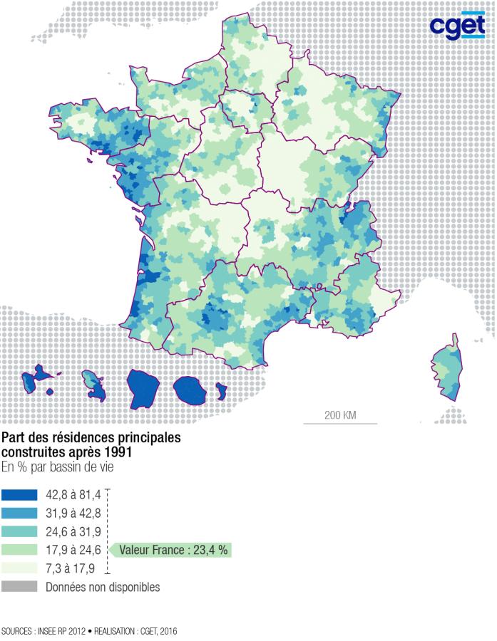 Part des r&eacute;sidences principales construites apr&egrave;s 1991