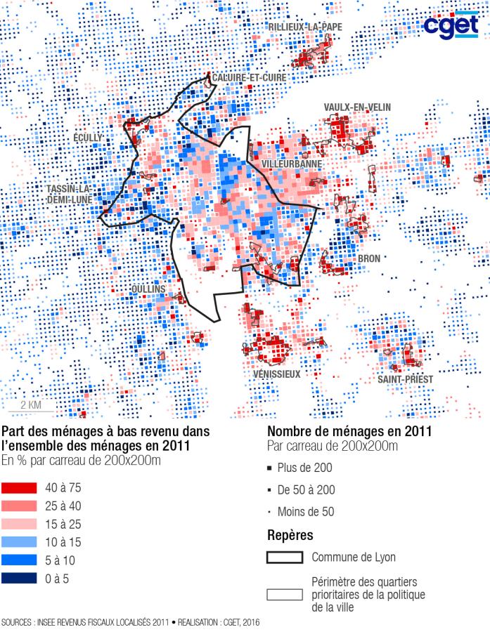 Part des m&eacute;nages &agrave; bas revenus, l'exemple du Grand Lyon