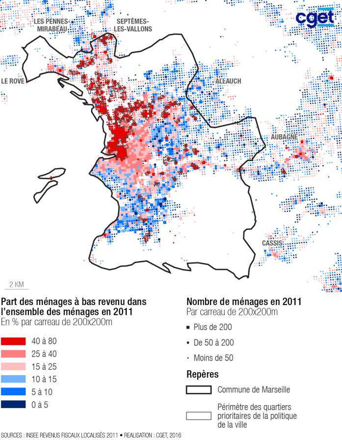 Part des m&eacute;nages &agrave; bas revenus, l&rsquo;exemple de Marseille