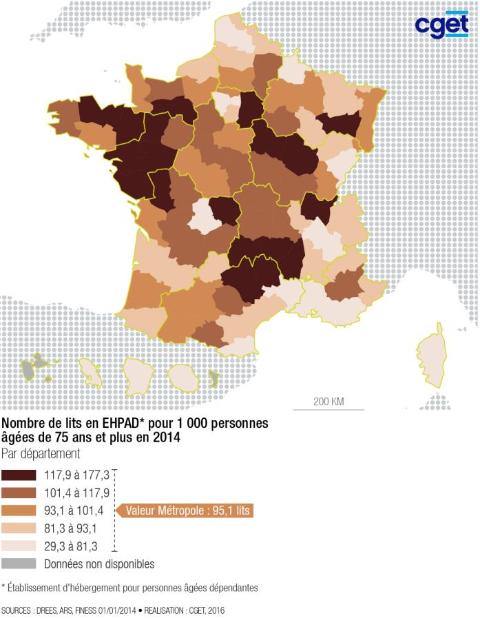 Nombre de lits en &eacute;tablissements d&rsquo;h&eacute;bergement
pour 1 000 personnes &acirc;g&eacute;es de 75 ans et plus