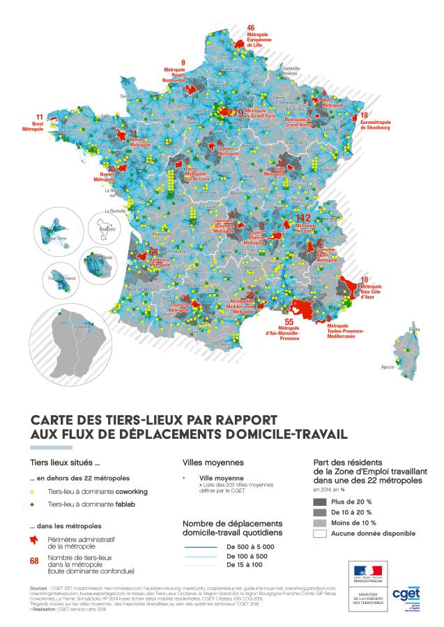 Les Tiers-Lieux par rapport aux flux de d&eacute;placements domicile-travail
