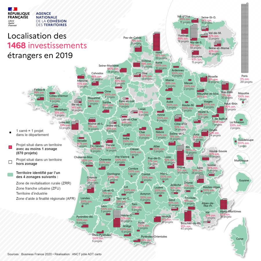 Localisation des 1468 investissements &eacute;trangers en 2019 dans 4 zonages de politique publique