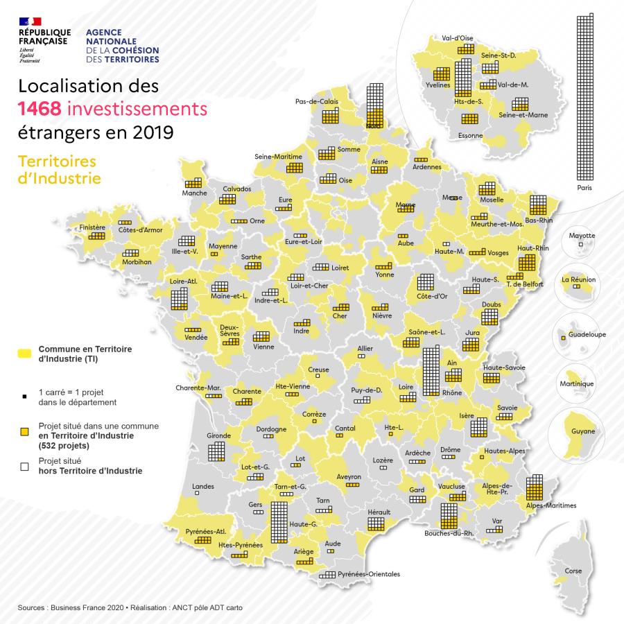 Localisation des 1468 investissements &eacute;trangers en 2019 dans les territoires d'industrie