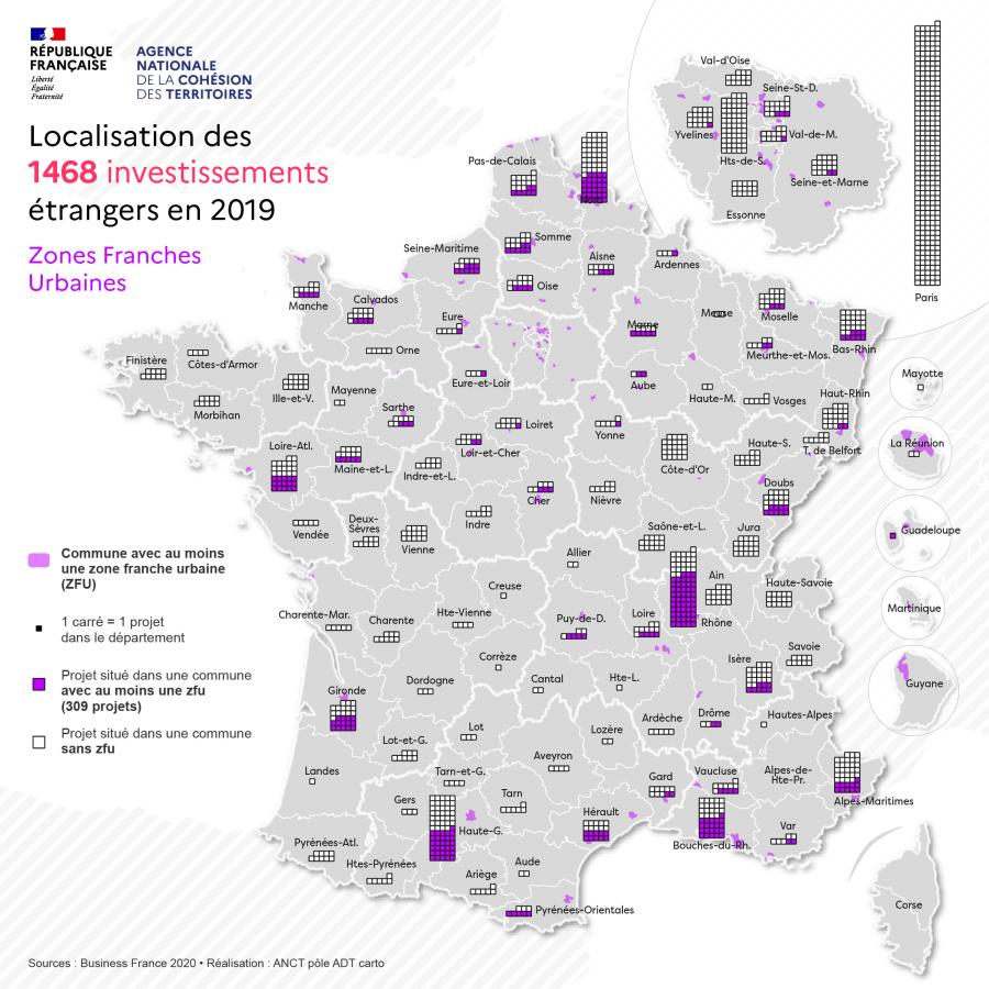 Localisation des 1468 investissements &eacute;trangers en 2019 dans les zones franches urbaines